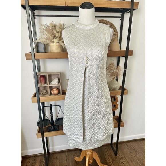 Vintage 60’s Nan Leslie Silver Metallic Quilted Mod Midi Dress - Picture 6 of 11